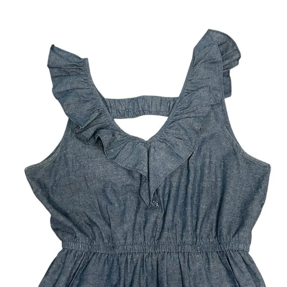 Alythea Linen Blend Chambray Ruffle Sundress Blue Large - Picture 6 of 11